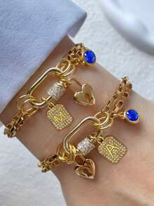 1pc Gold Letter Bracelet, Blue Diamond Pendant Bracelet, Stainless Steel Chain, Fashion Multi-Pendant Bracelet, Unique Luxury Women's Bracelet - Yellow Gold - View 1