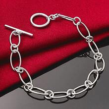 925纯银镀层简约链条OT扣手链，女士魅力婚礼订婚派对时尚首饰 - 銀色 - 查看 3