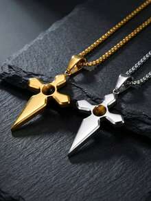 1pc Minimalist Stainless Steel Tiger Eye Cross Pendant Necklace For Men, Christian, Easter, Baptism - 2287 - View 2