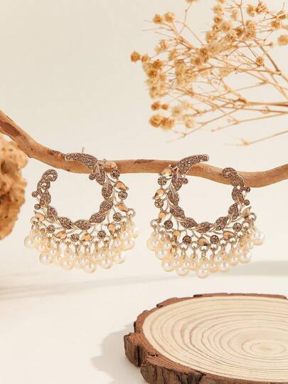 一对奢华时尚优雅的全水钻花环耳环，配以仿珍珠流苏新月耳环，适合女性和女孩日常佩戴、节日、婚礼和派对/珠宝礼品