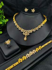 1 Set Fashion Women's Gold-Plated Pendant Necklace Jewelry Set 4pcs, Middle Eastern Dubai Bridal Wedding Accessories, Gift For Valentine's Day, Mother's Day, Holiday, Necklace, Earrings, Bracelet, Ring - Yellow Gold - View 1