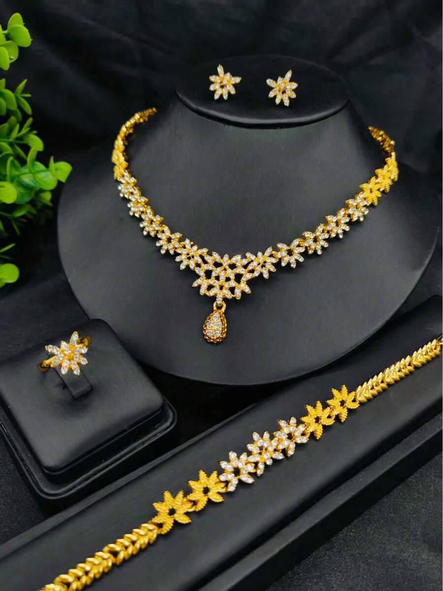 1 Set Fashion Women's Gold-Plated Pendant Necklace Jewelry Set 4pcs, Middle Eastern Dubai Bridal Wedding Accessories, Gift For Valentine's Day, Mother's Day, Holiday, Necklace, Earrings, Bracelet, Ring - Yellow Gold - View 1