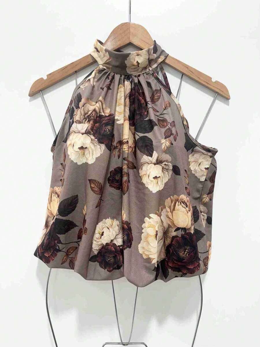 Stylish Women's Floral High Neck Blouse - Coffee Brown - View 1