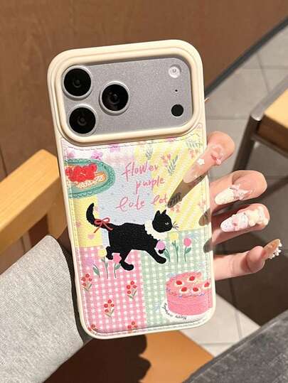 Ốp điện thoại họa tiết kẻ caro, hoa văn, mèo đen, chất liệu giả da, phù hợp với 17 Pro Max/16/15/14/13/12/11, ốp điện thoại giả da dễ thương dành cho nữ.