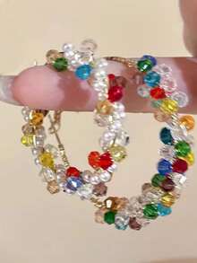 2 đôi bông tai khoen tròn đính hạt hình học phong cách Bohemian, kiểu dáng cổ điển thanh lịch với chất liệu kim loại, ngọc trai giả và pha lê nhiều màu sắc, phù hợp cho nữ giới đeo hàng ngày, dự tiệc, lễ hội, du lịch, làm quà tặng trang sức. - Nhiều màu - Xem 4