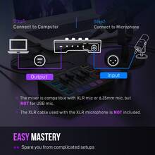FIFINE Mezclador de audio RGB de 4 canales con entrada de micrófono XLR, alimentación fantasma de 48V, cambiador de voz, efectos de sonido personalizados, controles independientes, botón de silencio, adecuado para podcasting/grabación/transmisión/voz/juegos - Negro - Ver 10