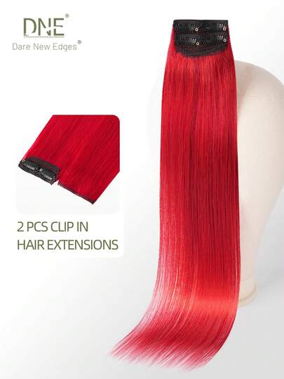 DNE HAIR 彩色夹式接发片，100%真人发丝，红色#，2片装，带4个夹子，直发挑染彩色发片，彩虹接发片，适合所有发质和时尚爱好者。