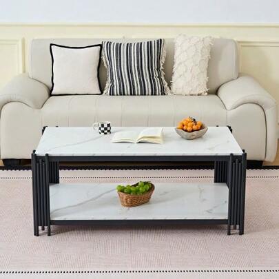 Rectangular Coffee Table With Metal Legs And Marble-Effect Top, Modern Living Room Furniture, Black And White – H 46/W 1140/D 64 Cm