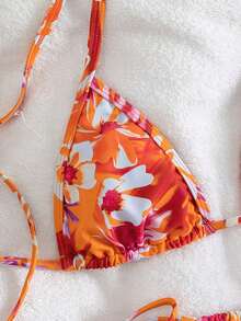 女士橙红色热带花卉印花比基尼套装，三角挂脖滑动罩杯比基尼上衣，单侧系带比基尼下装，低腰高衩性感夏季沙滩度假泳装 - 珊瑚橙 - 查看 4