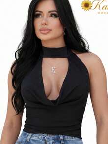 LUNA BLOUSE WITH GODE NECKLINE AND OPEN BACK. Polyester. Open Back / Backless. Transparent. Vacation. Night. Daily. - màu đen - Xem 4