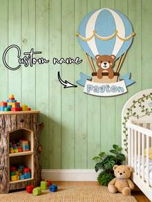 1pc Personalized Children's Decoration, Wooden Bear Hot Air Balloon Pattern 25-35cm, Bedroom Nursery Decor, Back To School Gift For Kids And Students - Black - View 2