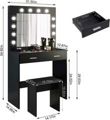 White Dressing Table Set With LED Lights Mirror, Vanity Makeup Table 2 Large Drawers And Stool - Negro - Ver 9