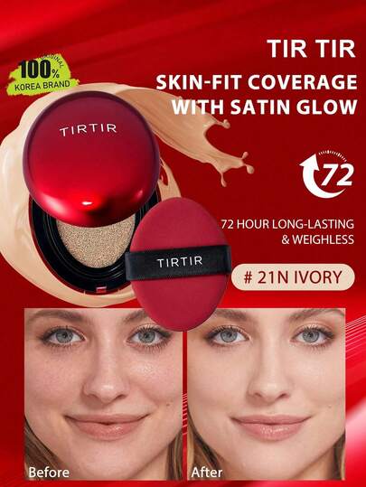 TIRTIR MASK FIT 21N 象牙白气垫粉底液，轻盈遮瑕，哑光妆效，透气保湿微晶薄纱，不易脱妆，无油祛痘配方，磁力保湿核心，真空密封旅行迷你装，韩国彩妆，18克/0.63盎司