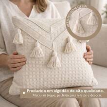 Pompom Cushion Cover 100% Cotton Macramé Raw Natural Boho 45CMX45CM - Màu be - Xem 2