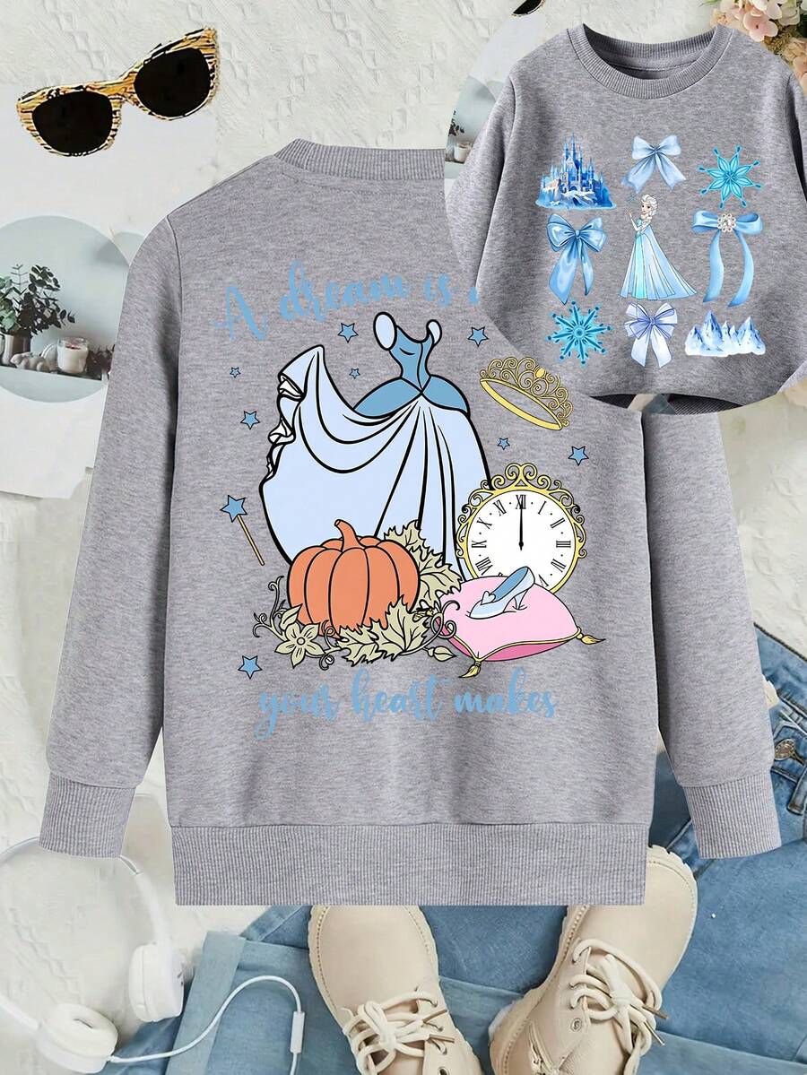 This Disney Girls' Sweatshirt Features A Creative Double-Sided Print Of Elsa Princess Lettering And Cartoon Characters. It's A Round Neck Sweatshirt Suitable For Autumn And Winter, Made Of Soft And Comfortable Fabric, Perfect For Everyday Wear, Shopping, School, And Casual Occasions. It Also Makes A Wonderful Gift. - 灰色 - 查看 1