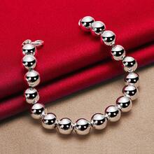 925纯银镀层10毫米空心光滑珠链手链，女士时尚婚礼订婚饰品 - 銀色 - 查看 5