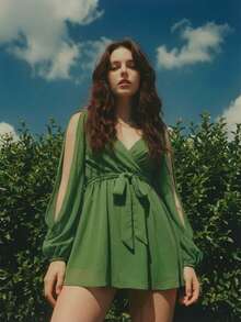 Temptaria Robe en mousseline plissée à col V profond et dos nu pour femmes, robe mini en mousseline sexy, printemps - Vert - Voir 4