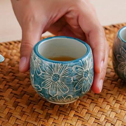 1/4/5pcs Ceramic Tea Cup & Teapot Set, Chrysanthemum Pattern Tea Set, Christmas Gift, High-End Luxury Household Tea Cup, Arabic Coffee Cup, For Entertaining Guests And Friends, Afternoon Tea Cup, Suitable For Cafes To Hold Cappuccino, Latte, Mocha, Herbal Tea, Black Tea, Hot Tea, Home Decor For Ramadan, Tea Room, Wedding Gift, Gift For Elders, Easter Gift