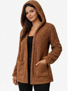 Women's Teddy Animal Print Hooded Jacket – Leopard Style With Fur Pockets - Everyday Wear - Rust Brown - View 1