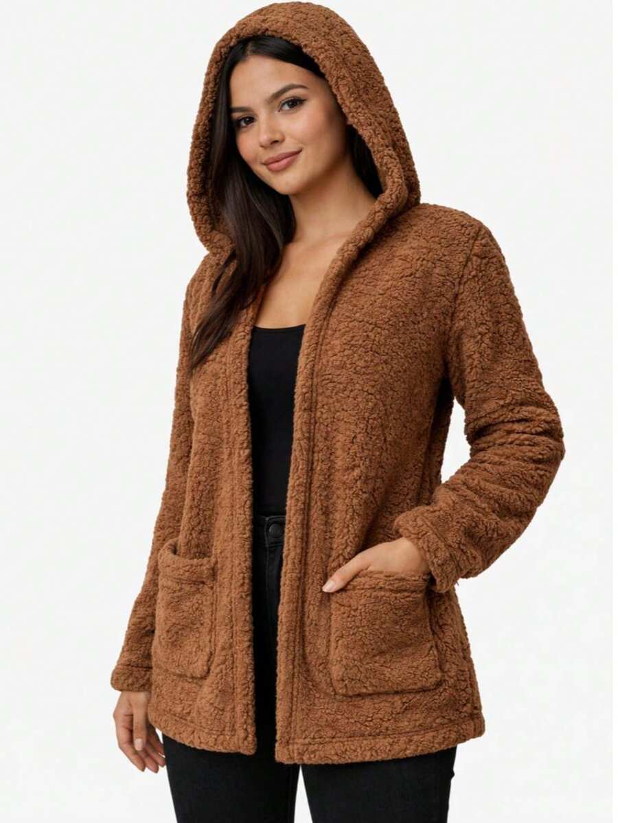 Women's Teddy Animal Print Hooded Jacket – Leopard Style With Fur Pockets - Everyday Wear - Rust Brown - View 1