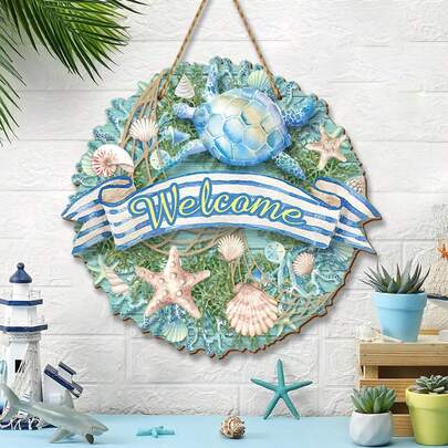 1piece Ocean-Themed Style Doorplate, Turtle Starfish And Seashell Welcome Doorplate, Suitable For Ocean View House Front Door Decoration, Beach Outdoor Decoration, Nautical-Themed Home Decoration, Hanging Doorplate, Rustic Style Wall Decoration, Farmhouse Wooden Hanging Plaque, For Home Walls And Porches