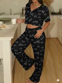 Women's Pajama Set Sleepwear Blouse And Cropped Top With Heart Print, Button-Down Cropped Top, Elastic Waist Pants, Warm Suede, Everyday Wear, Sizes P, M, G, GG, Night Comfort Line - 黑色 - 查看 5