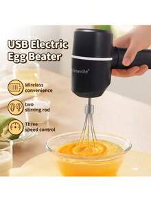 Feizsmile 新款無線電動單頭雙桿USB電動打蛋器，小型奶油自動攪拌器蛋糕處理器，家用充電式高功率快速攪拌食品攪拌機，電動打蛋器（白色/黑色） - 黑色 - 查看 6