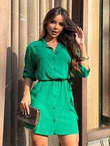 Button-Down Shirt Dress With Sash. - Verde - Ver 5