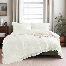 Beige Textured Comforter Set King,3 Pieces Ruffle Farmhouse Shabby Chic Comforter For Queen Bed,Soft Seersucker Boho Bedding Set With 1 Ruffle Comforter,2 Tufted Pillowcases 104"*90" For All Seaaons Home Decor Bedroom Decor Bed Comforter Set Mothers Day Gift. - Beige-0958 - 查看 1