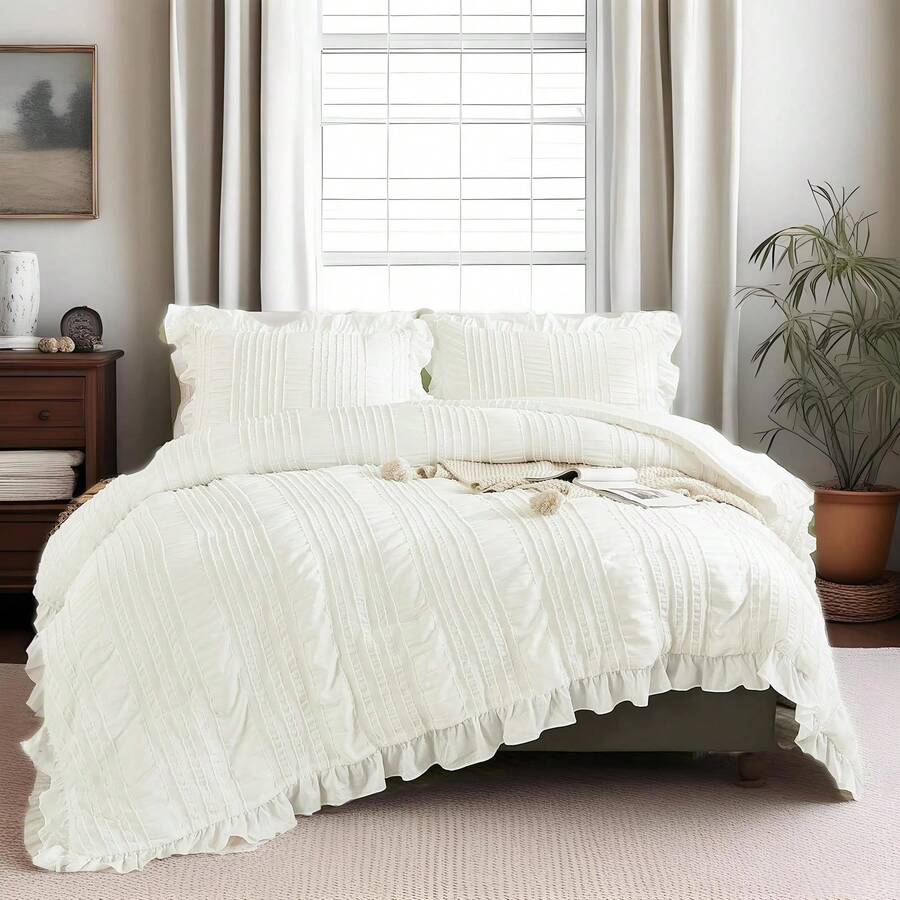 Beige Textured Comforter Set King,3 Pieces Ruffle Farmhouse Shabby Chic Comforter For Queen Bed,Soft Seersucker Boho Bedding Set With 1 Ruffle Comforter,2 Tufted Pillowcases 104"*90" For All Seaaons Home Decor Bedroom Decor Bed Comforter Set Mothers Day Gift. - Beige-0958 - 查看 1
