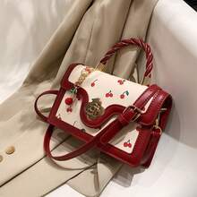 Fashionable High-End Pu Tote Bag With Versatile Square Shape And Cute Cherry Print, Perfect For Shopping, Dating Or Cross-Body For Girls., Kawaii Cherry Elements , Cute - Đỏ - Xem 3