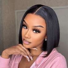 4"X4"X1" Lace Front Human Hair Wig, Short Bobbed Style, 150% Density, Straight Bobbed Wig, 4"X1" Closed Lace Bobbed Wig, Human Hair, Pre-Plucked Hairline, Natural Looking Wig - Black - View 14