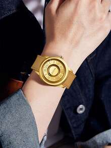 DOM 1pc Men's Watch, Retro Style Roman Numeral Dial Quartz Waterproof Wristwatch, Unique Magnetic Levitation Technology, Leather Strap And Steel Strap, Suitable For Gifts And Daily Wear - Gold Dial Brown Leather Strap - View 2