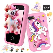 儿童智能玩具手机，配备2.8英寸高清触摸屏、双前置摄像头、32GB内存、12种语言、教育游戏、600mAh电池和卡通硅胶保护套，2026新款学习玩具，适合男孩女孩生日和圣诞节礼物。 - 彩色 - 查看 2