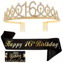 3件套女士生日绶带和皇冠套装，包含生日皇冠、绶带、胸针和贺卡，适合庆祝16岁、18岁、21岁、30岁、40岁、50岁、60岁、70岁、80岁生日。 - 彩色 - 查看 3