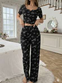 Women's Pajama Set Sleepwear Blouse And Cropped Top With Heart Print, Button-Down Cropped Top, Elastic Waist Pants, Warm Suede, Everyday Wear, Sizes P, M, G, GG, Night Comfort Line - 黑色 - 查看 2