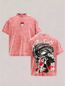 Obito Vintage Washed Oversized T-Shirt,Anime And Comic Strip Washed Heavyweight Cotton T-Shirt, A Gift For Anime Fans And Enthusiasts. - 粉色 - 查看 1
