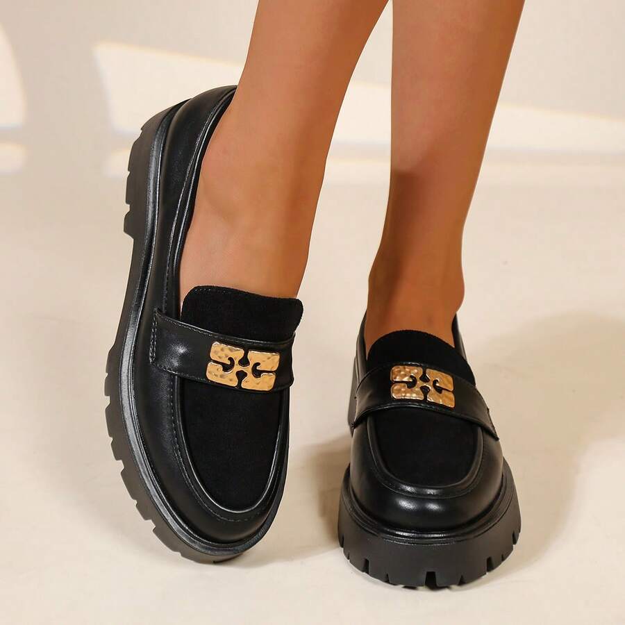 Women's Black Classic Round Toe Platform Loafers Casual Slip On Shoes - Black - View 1