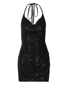 Women's Sequin Mini Cami Dress Hem Slit Sleeveless Sexy Halter Neck Backless Draped Night Club Birthday Beach Party Dresses - 黑色 - 查看 3