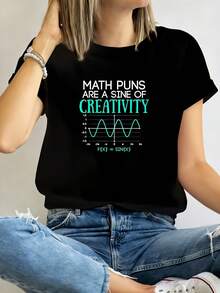 A Creative Pun In Mathematics, Sine White Blue Mathematical Formula Design 1 Pcs 220g Women's Plus Size Short Sleeve T-Shirt Novelty Crew Neck Top Shirt Casual Funny Oversized Graphic 100% Polyester Tee - 黑色 - 查看 1