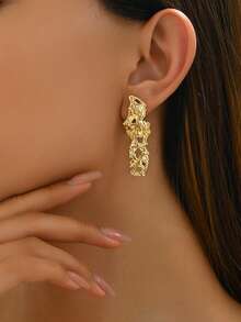 1对不对称几何金属长款吊坠耳环，休闲百搭，适合女性 - 金色 - 查看 3