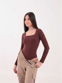 Girls' Square Neck Bodysuit, Premium Polyester Fabric, Children's And Youth Clothing, Winter 2026. - 摩卡棕 - 查看 1