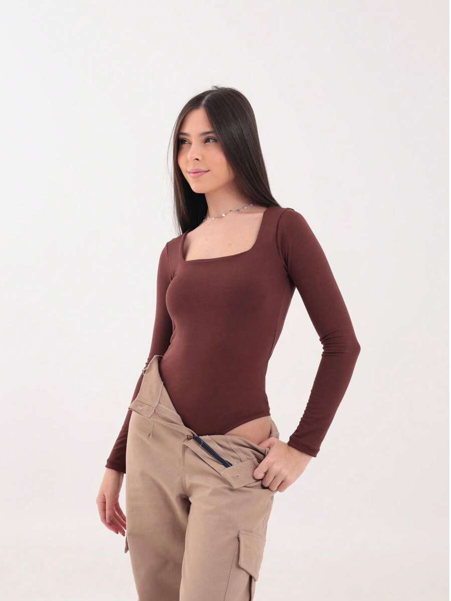 Girls' Square Neck Bodysuit, Premium Polyester Fabric, Children's And Youth Clothing, Winter 2026. - 摩卡棕 - 查看 1