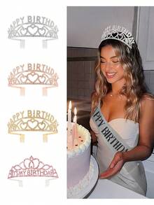 金色生日快乐皇冠、女王水晶皇冠和皇家公主成人头饰、生日派对服装角色扮演配饰套装、情人节拍照道具 - 彩色 - 查看 2
