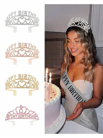 金色生日快乐皇冠、女王水晶皇冠和皇家公主成人头饰、生日派对服装角色扮演配饰套装、情人节拍照道具