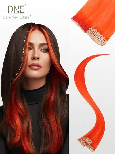 DNE HAIR Colored Clip In Hair Extensions 100% Real Human Hair 18 Inch 3Pcs Orange Invisible Straight Highlight Colorful Hairpieces Rainbow Hair Extension For Women/Girls