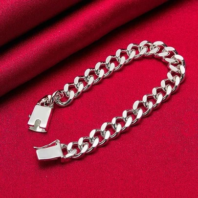 925纯银镀层10毫米方形扣侧链手链，女士婚礼订婚派对首饰