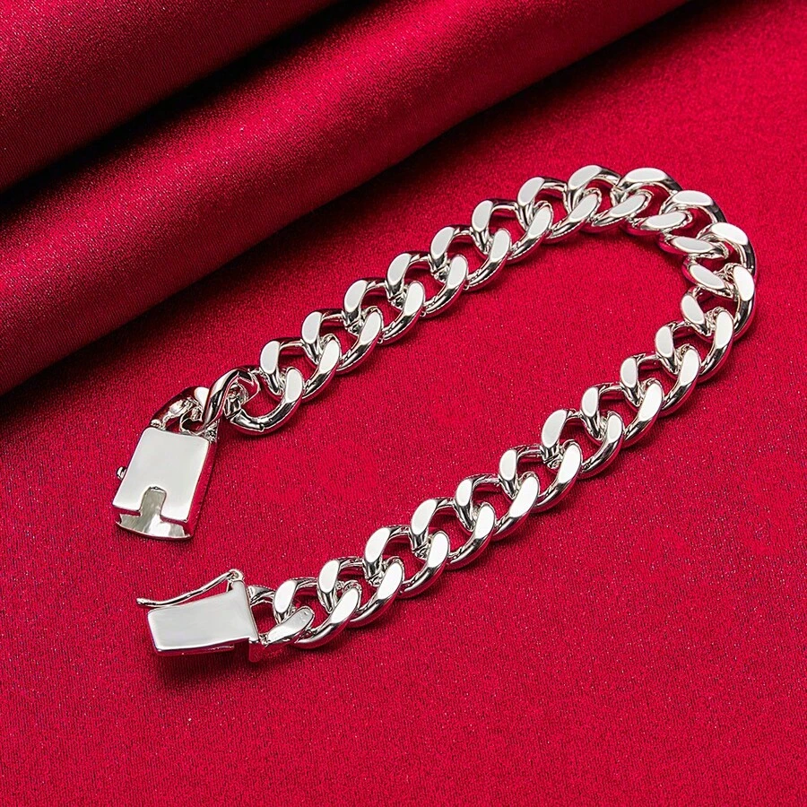 925纯银镀层10毫米方形扣侧链手链，女士婚礼订婚派对首饰 - 銀色 - 查看 1