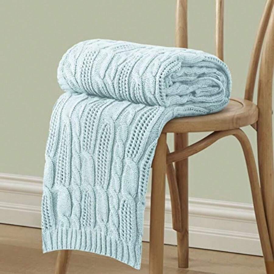 Aormenzy - Mantas de punto de cable de 122 x 152 cm suave y acogedora y ligera lavable a máquina 100% acrílico manta decorativa para sofá cama color azul - Azul agua - Ver 1