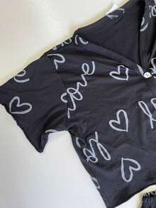 Women's Pajama Set Sleepwear Blouse And Cropped Top With Heart Print, Button-Down Cropped Top, Elastic Waist Pants, Warm Suede, Everyday Wear, Sizes P, M, G, GG, Night Comfort Line - 黑色 - 查看 7